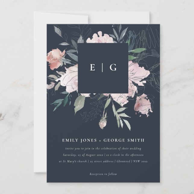 NAVY PINK BLUSH WATERCOLOR FLORAL WEDDING INVITE (Front)