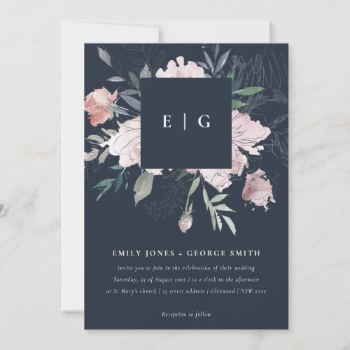 NAVY PINK BLUSH WATERCOLOR FLORAL WEDDING INVITE