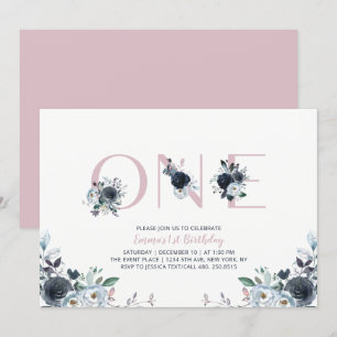 Navy & Pink Boho Floral Girl 1st Birthday Party Invitation