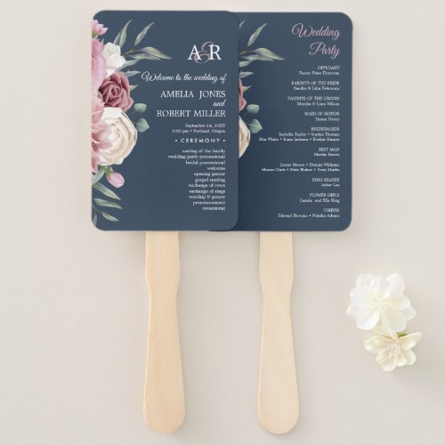 Navy Pink Boho Pink Floral Wedding Program Hand Fan