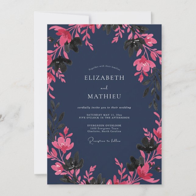 Navy Pink Botanical Watercolor Wedding Invitation (Front)