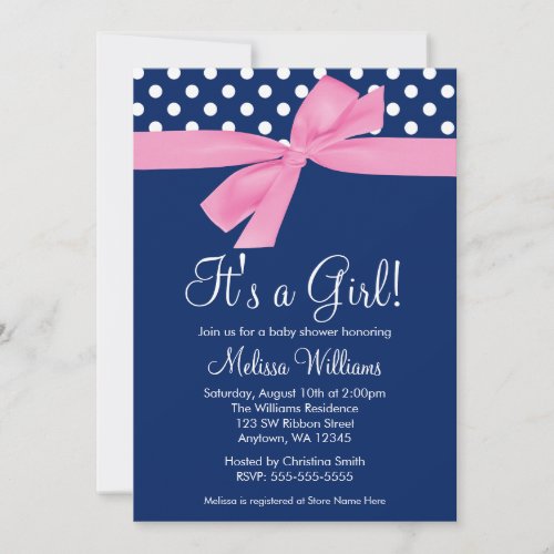 Navy Pink Bow Polka Dot Baby Shower Invitations