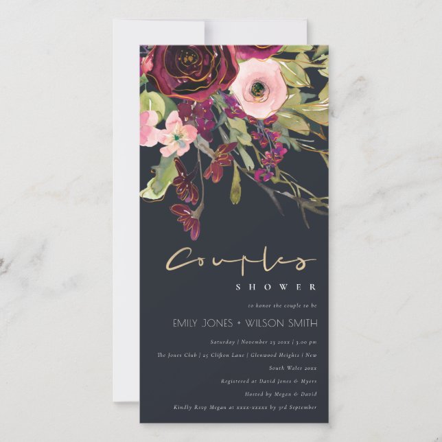 NAVY PINK BURGUNDY ROSE FLORA COUPLE SHOWER INVITE (Front)