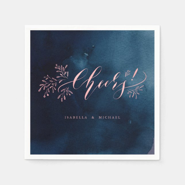 Navy pink calligraphy cheers rustic floral wedding napkins (Front)