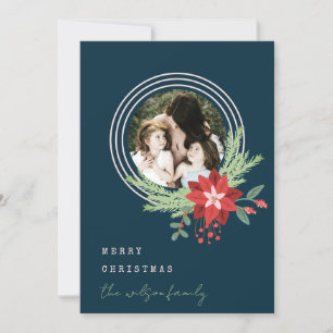 Navy Pink Circle Christmas Photo Poinsettia Floral Holiday Card