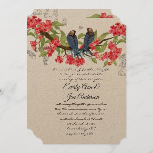 Navy Pink Coral Lovebird Forest Fairytale Wedding Invitation