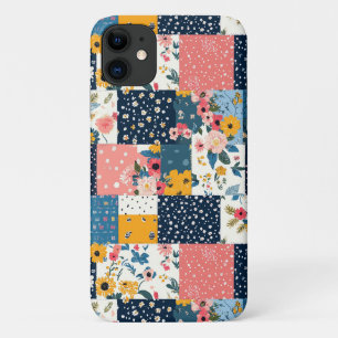 Navy Pink Cottagecore Floral Patchwork iPhone 11 Case