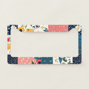 Navy Pink Cottagecore Floral Patchwork License Plate Frame