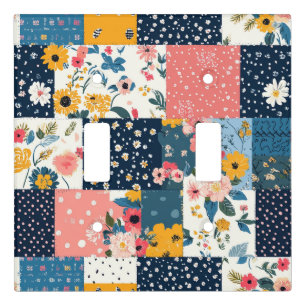 Navy Pink Cottagecore Floral Patchwork Light Switch Cover