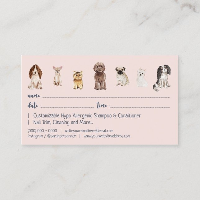 Navy Pink Cute Dog Grooming Appointment Business Card (Back)