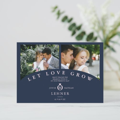 Navy Pink Elegant 2 Photos let Love Grow Wedding Thank You Card