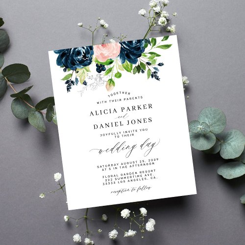 Navy pink elegant floral budget wedding invitation