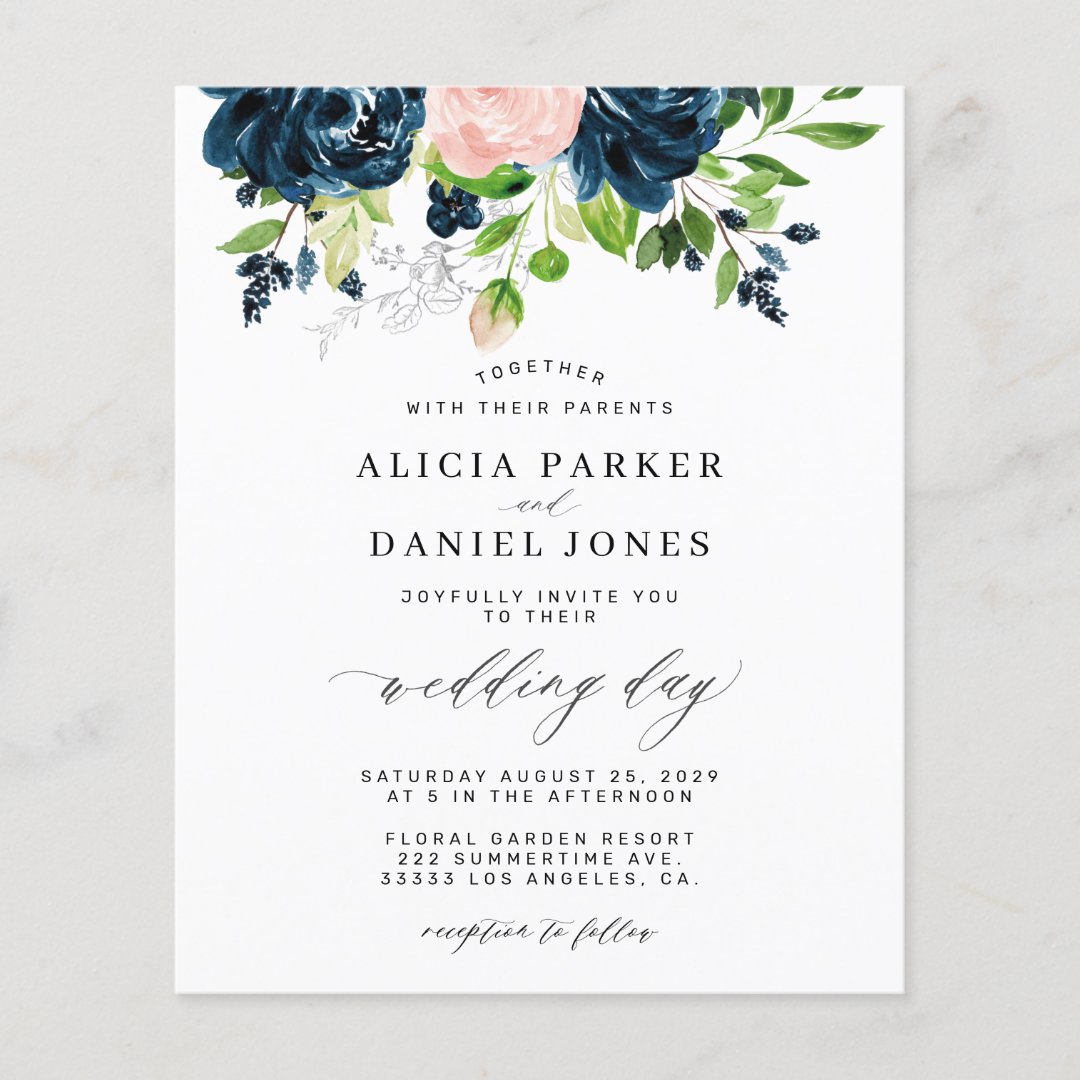 Navy pink elegant floral budget wedding invitation | Zazzle