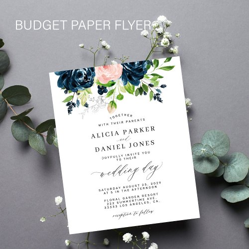 Navy pink elegant floral budget wedding invitation flyer