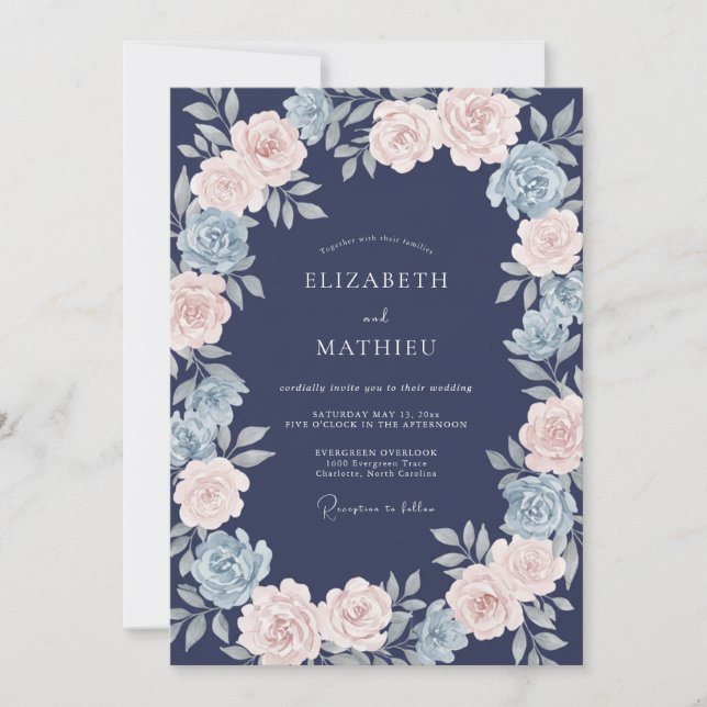 Navy Pink Ethereal Bloom Wedding Invitation (Front)