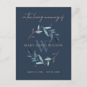 NAVY PINK FAUNA WREATH SYMPATHY MEMORIAL SERVICE INVITATION POSTCARD