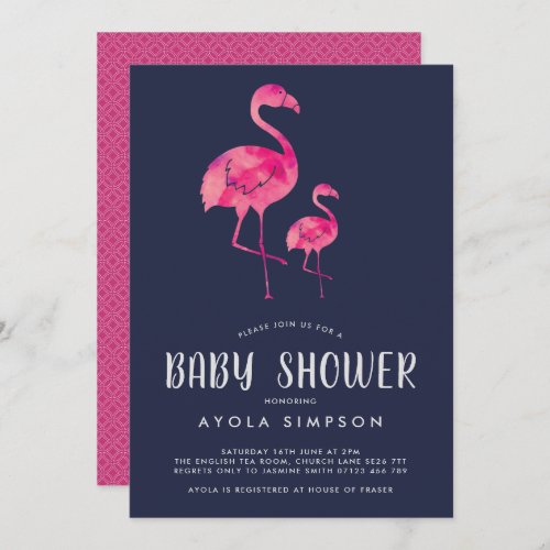 Navy  Pink Flamingo Baby Shower Invitation