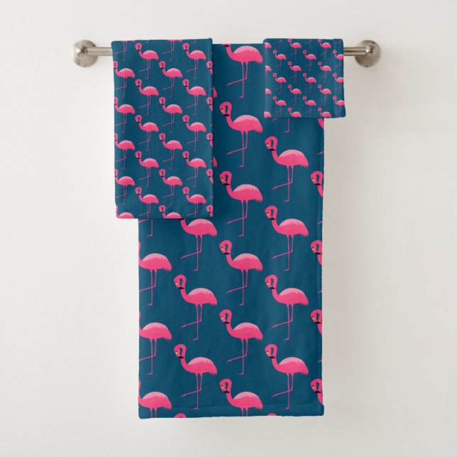 NAVY PINK FLAMINGO BATHROOM TOWEL SET (Insitu)