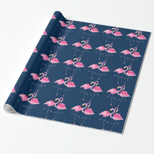 Navy & Pink Flamingos In Love Pattern Wrapping Paper