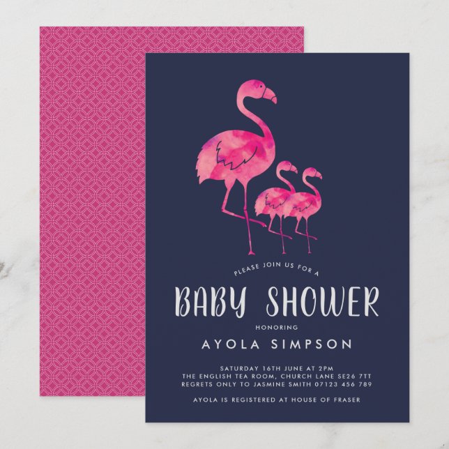 Navy & Pink Flamingos Twins Baby Shower Invite (Front/Back)