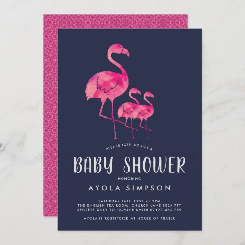 Navy  Pink Flamingos Twins Baby Shower Invite