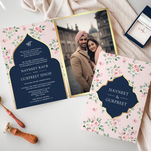 Navy Pink Floral All in One Anand Karaj Wedding Invitation