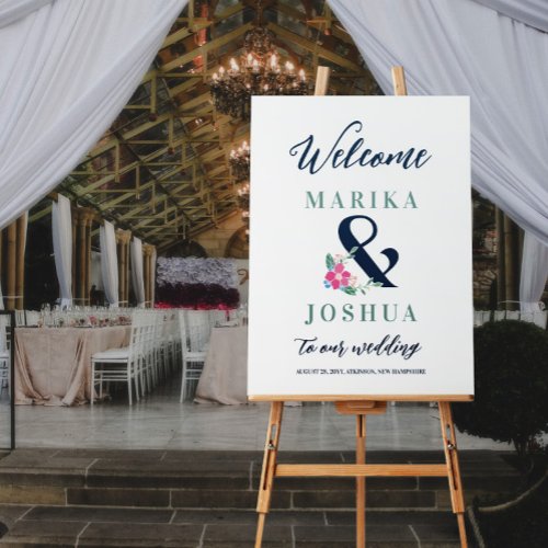 Navy Pink Floral Ampersand Wedding Welcome Foam Board