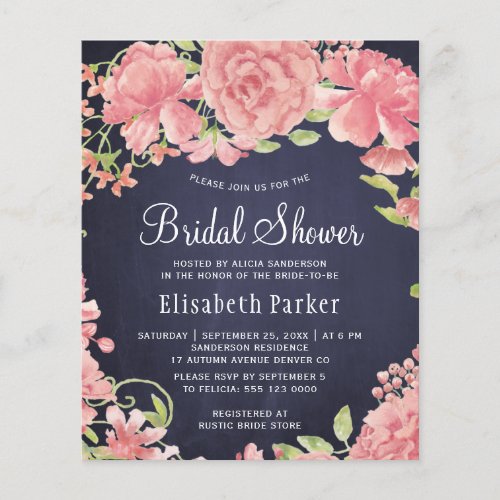 Navy pink floral budget bridal shower invitation