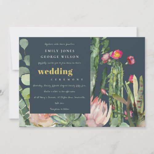 NAVY PINK FLORAL CACTI FAUNA WATERCOLOR WEDDING INVITATION