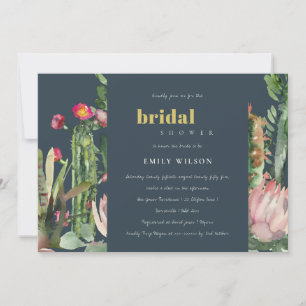 NAVY PINK FLORAL CACTI FOLIAGE BRIDAL SHOWER INVITATION