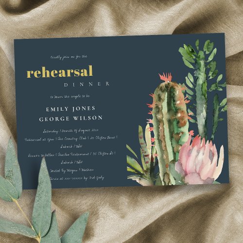 NAVY PINK FLORAL CACTI FOLIAGE REHEARSAL DINNER INVITATION