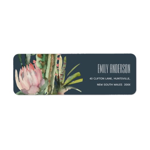 NAVY PINK FLORAL CACTI FOLIAGE WATERCOLOR ADDRESS LABEL