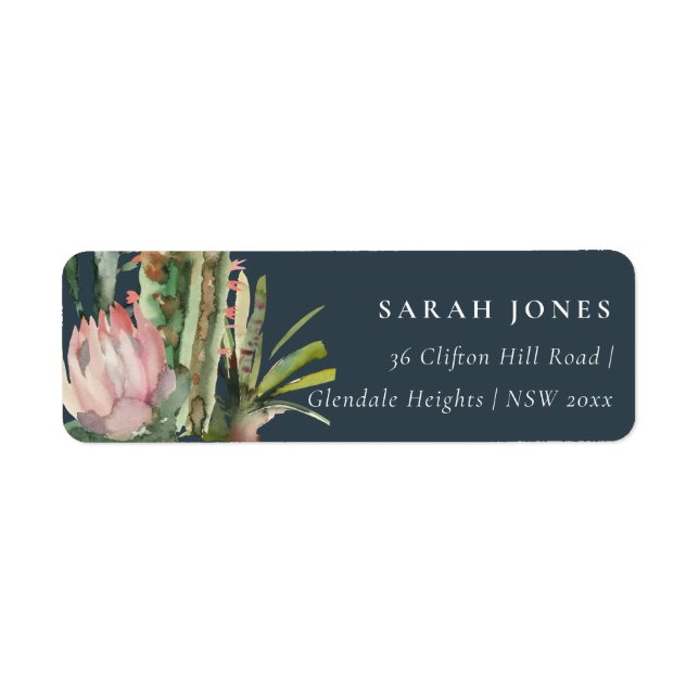 NAVY PINK FLORAL CACTI FOLIAGE WATERCOLOR ADDRESS LABEL (Front)