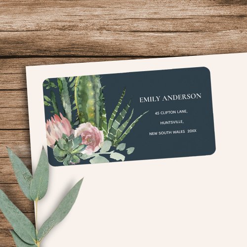 NAVY PINK FLORAL CACTI FOLIAGE WATERCOLOR ADDRESS LABEL