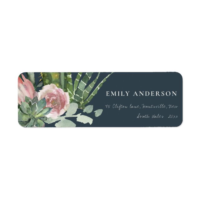 NAVY PINK FLORAL CACTI FOLIAGE WATERCOLOR ADDRESS LABEL (Front)