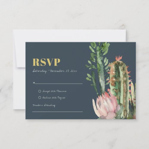 NAVY PINK FLORAL CACTI FOLIAGE WATERCOLOR RSVP