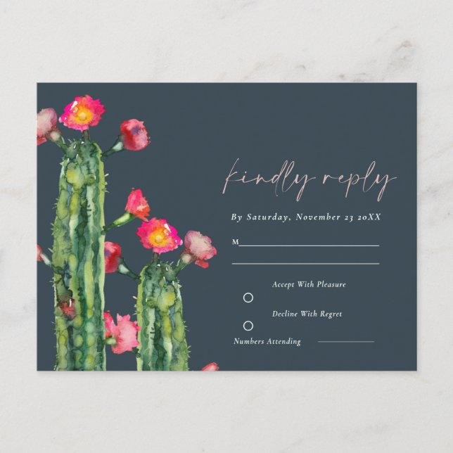 Navy Pink Floral Cacti Foliage Watercolor RSVP Postcard (Front)