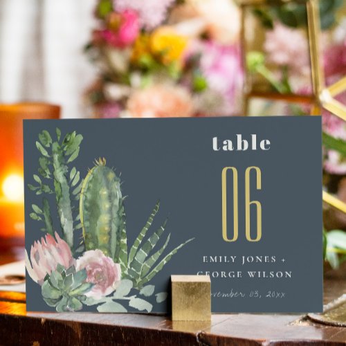 NAVY PINK FLORAL CACTI FOLIAGE WATERCOLOR WEDDING TABLE NUMBER