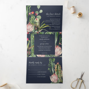 NAVY PINK FLORAL CACTI FOLIAGE WATERCOLOR WEDDING Tri-Fold INVITATION