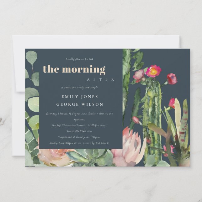 NAVY PINK FLORAL CACTI THE MORNING AFTER WEDDING INVITATION (Front)