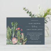 NAVY PINK FLORAL DESERT CACTI FAUNA BABY SHOWER INVITATION (Standing Front)
