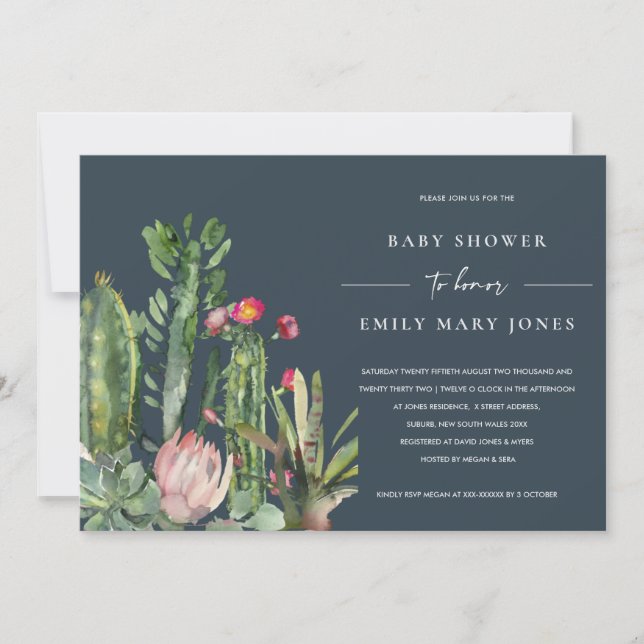 NAVY PINK FLORAL DESERT CACTI FAUNA BABY SHOWER INVITATION (Front)