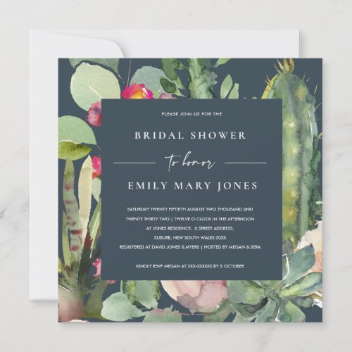 NAVY PINK FLORAL DESERT CACTI FAUNA BRIDAL SHOWER INVITATION