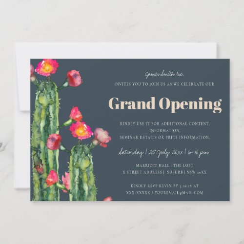 NAVY PINK FLORAL DESERT CACTI FAUNA GRAND OPENING INVITATION