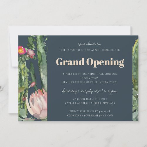 NAVY PINK FLORAL DESERT CACTI FAUNA GRAND OPENING INVITATION