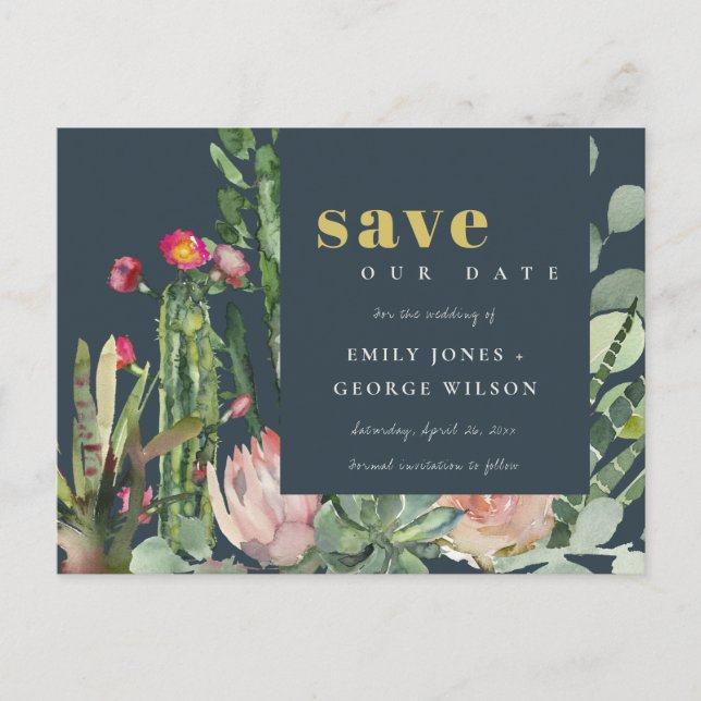 NAVY PINK FLORAL DESERT CACTI FAUNA SAVE THE DATE ANNOUNCEMENT POSTCARD (Front)