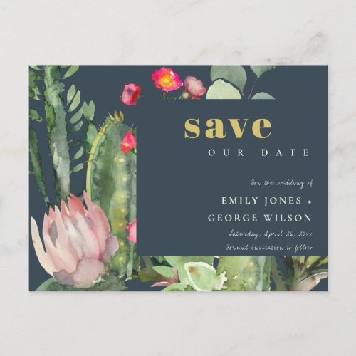NAVY PINK FLORAL DESERT CACTI FAUNA SAVE THE DATE ANNOUNCEMENT POSTCARD