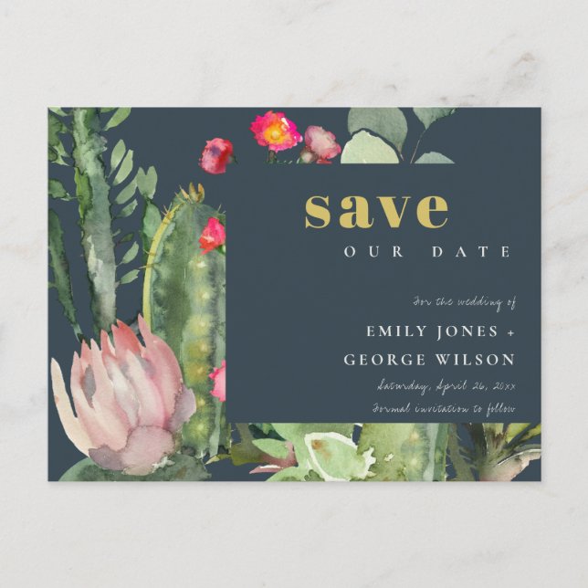 NAVY PINK FLORAL DESERT CACTI FAUNA SAVE THE DATE ANNOUNCEMENT POSTCARD (Front)