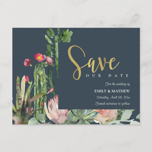 NAVY PINK FLORAL DESERT CACTI FAUNA SAVE THE DATE ANNOUNCEMENT POSTCARD