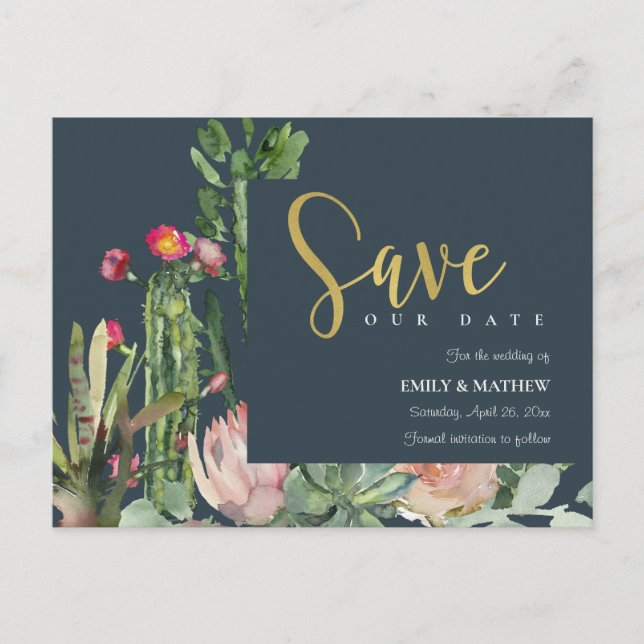 NAVY PINK FLORAL DESERT CACTI FAUNA SAVE THE DATE ANNOUNCEMENT POSTCARD (Front)